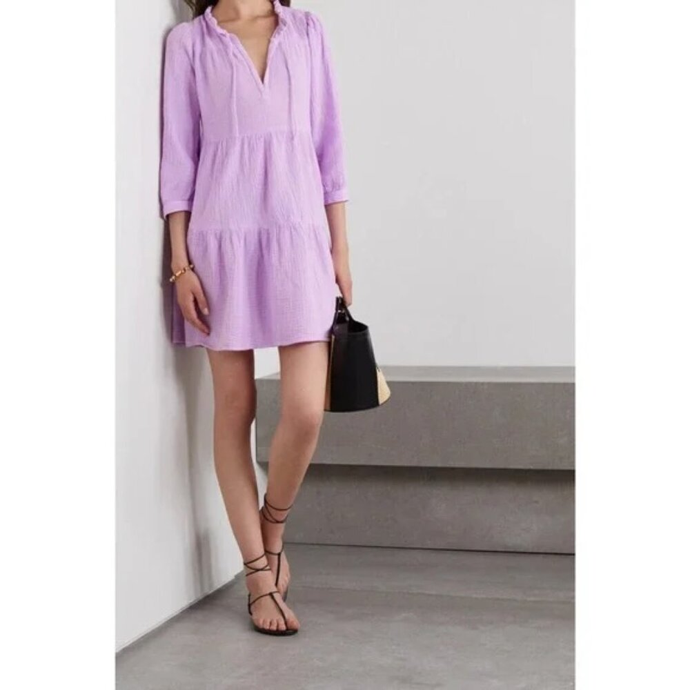 Honorine Giselle Lavender Ruffled Tiered Cotton Seersucker Mini Dress Size S